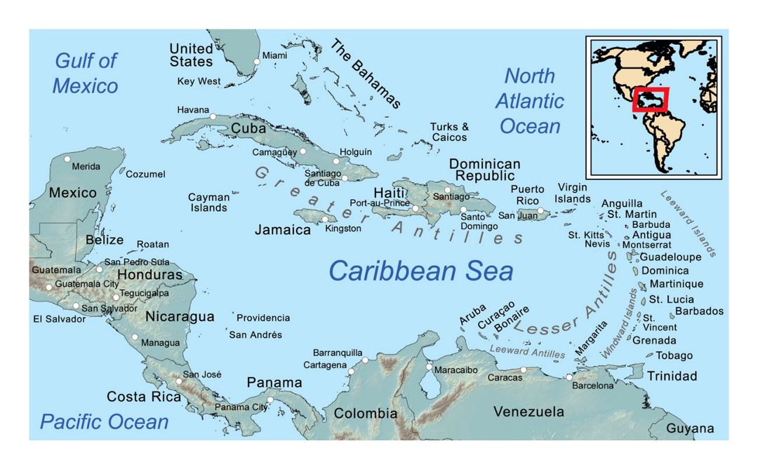 Подробная общая карта Карибского бассейна
