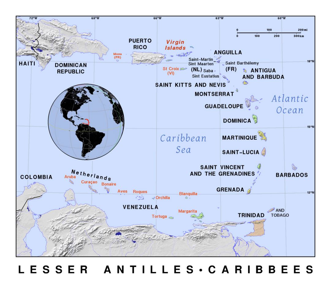 Подробная политическая карта Малых Антильских островов с рельефом