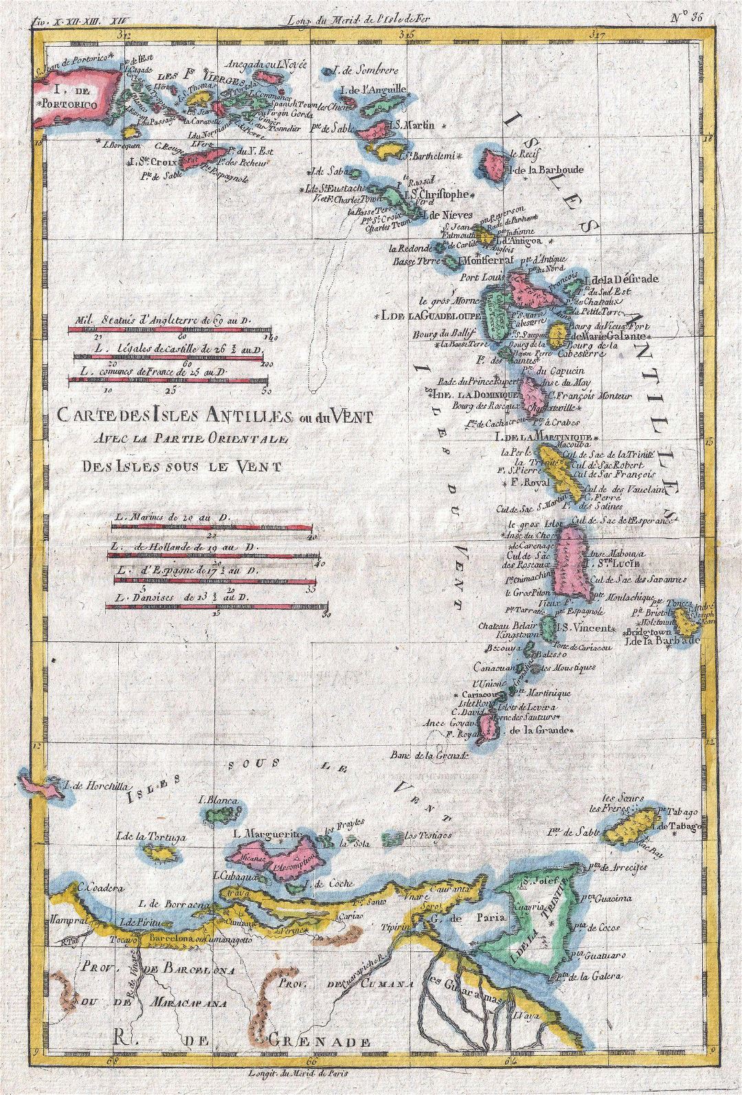 Большая детальная старая политическая карта Малых Антильских островов - 1780
