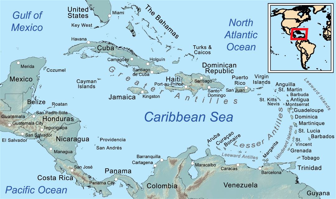 Большая общая карта Карибского бассейна