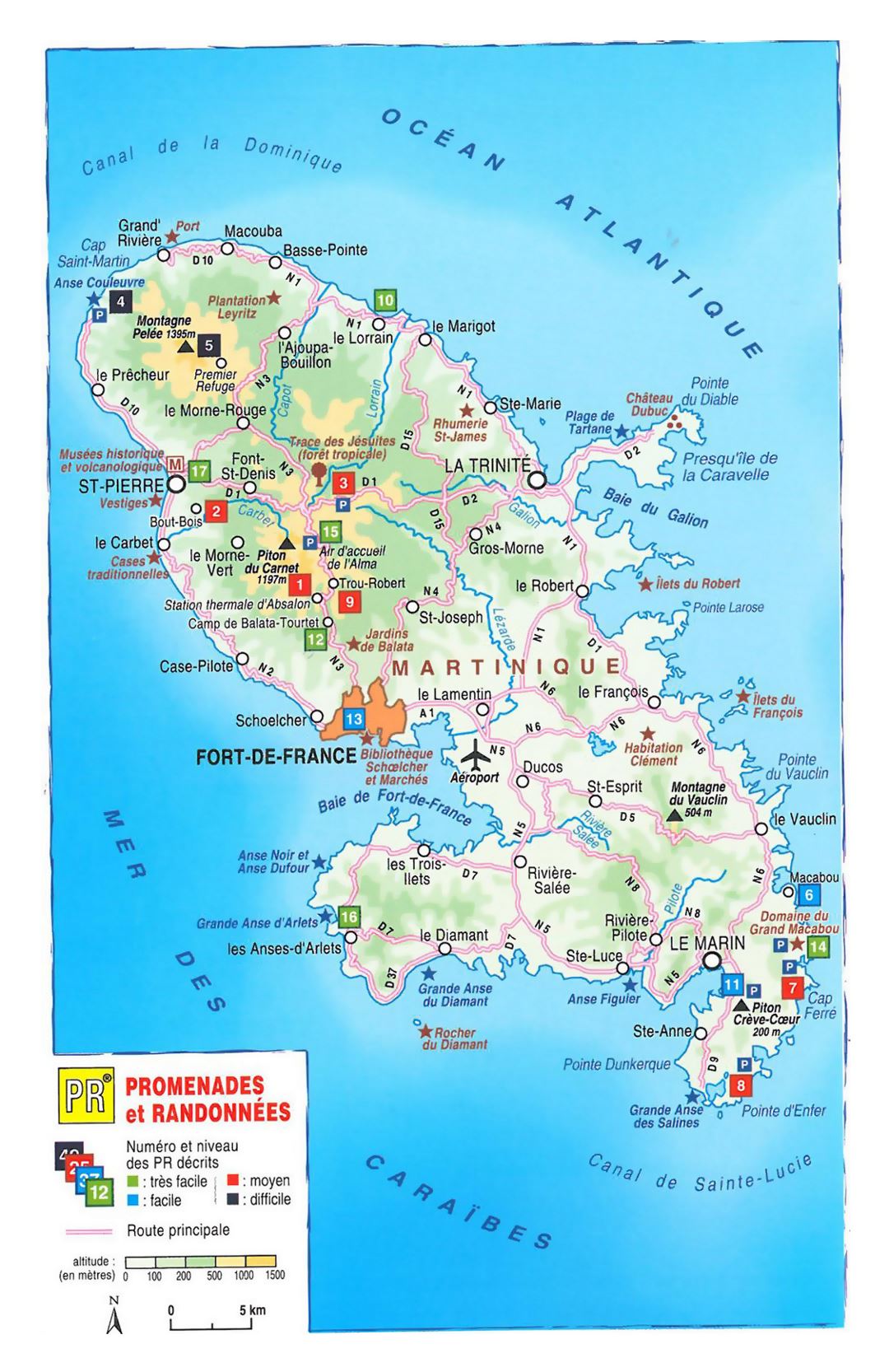 Детальная карта высот Мартиники с другими пометками
