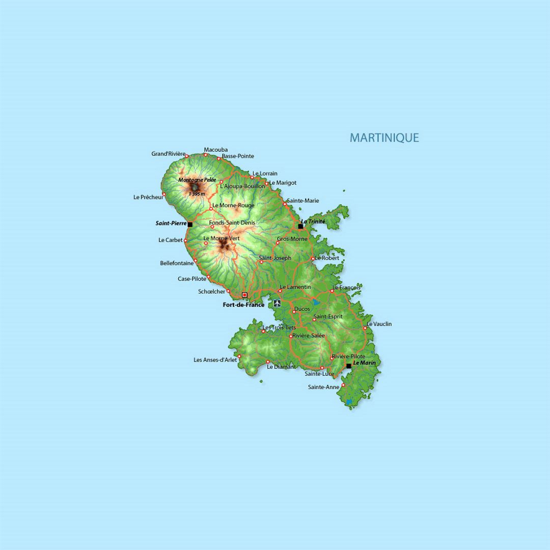 Карта высот Мартиники с дорогами, городами и аэропортами