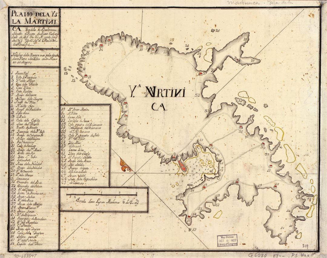 Большая детальная старая карта Мартиники - 1700-х