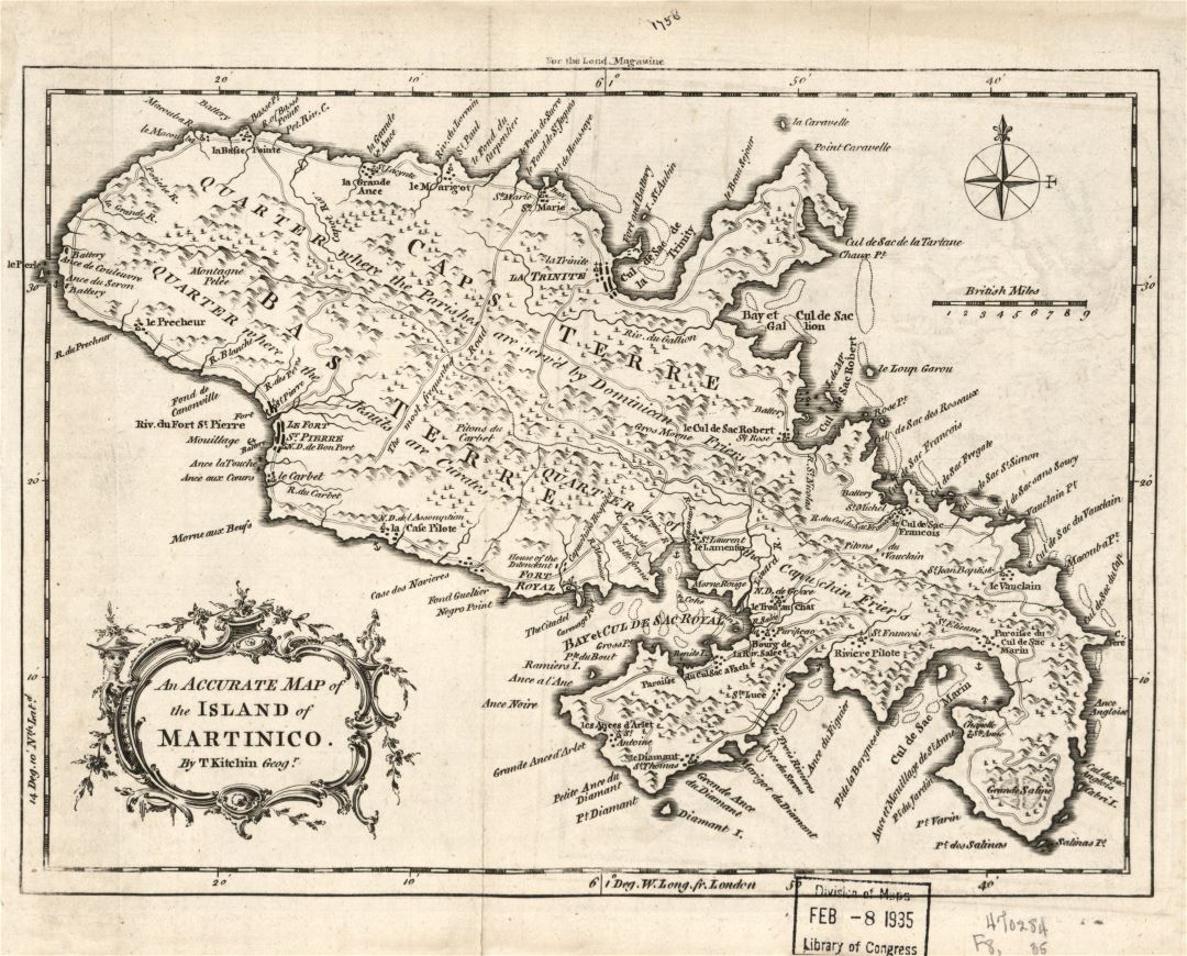 Большая детальная старая карта Мартиники с рельефом и другими пометками - 1758