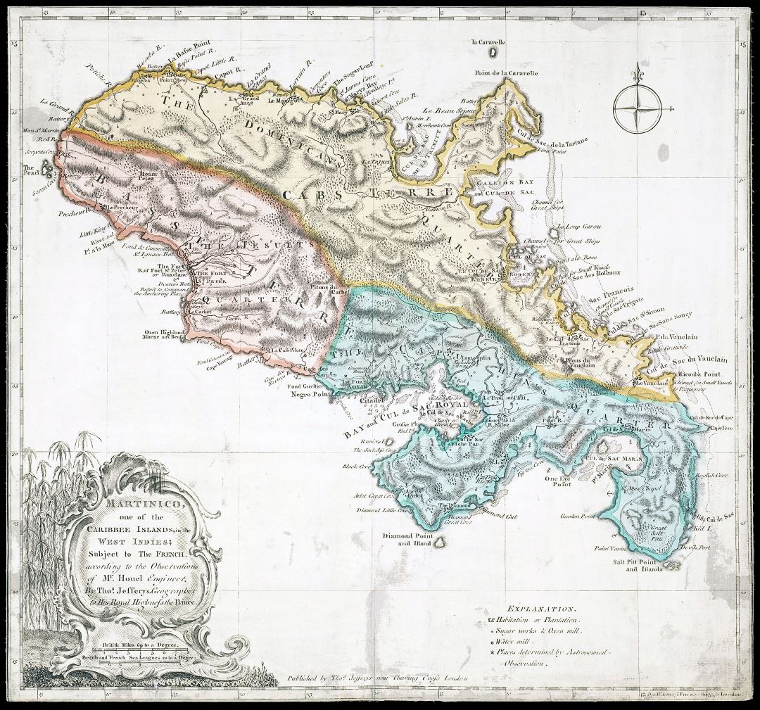 Большая подробная старая карта Мартиники с рельефом и другими пометками - 1760