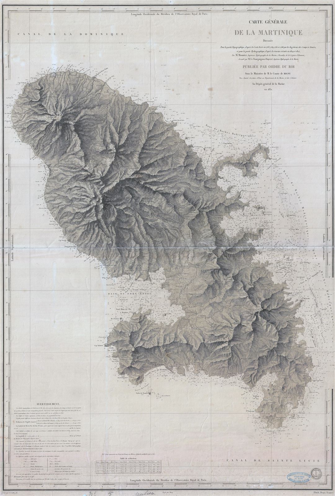 Большая детальная старая карта рельефа Мартиники - 1831