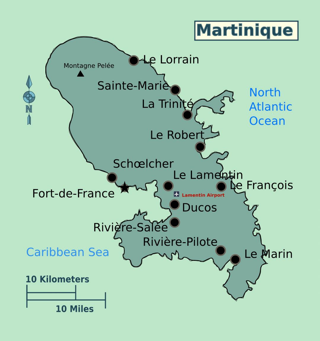 Большая карта Мартиники с городами и аэропортом