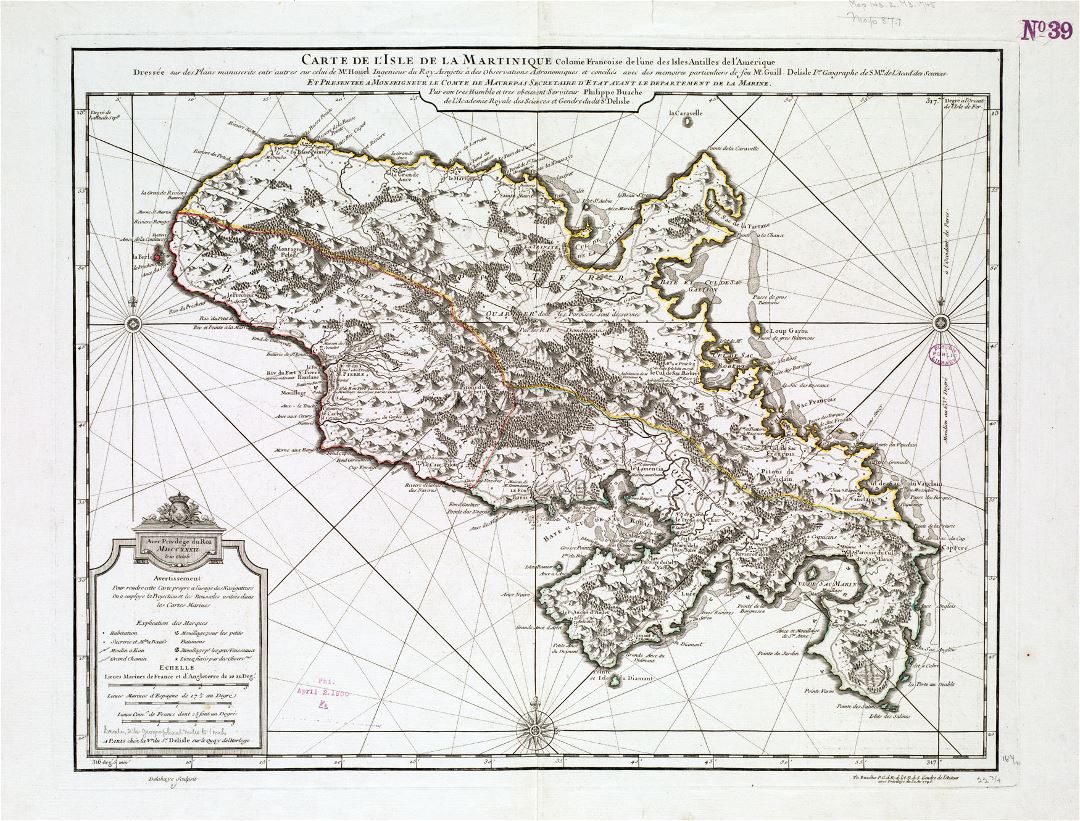 Большая старая карта Мартиники с рельефом - 1745