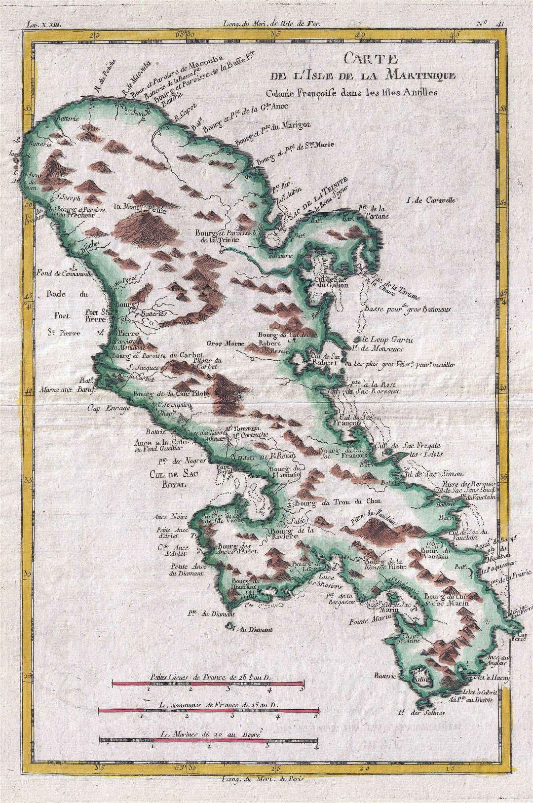 Большая старая карта Мартиники с рельефом - 1780