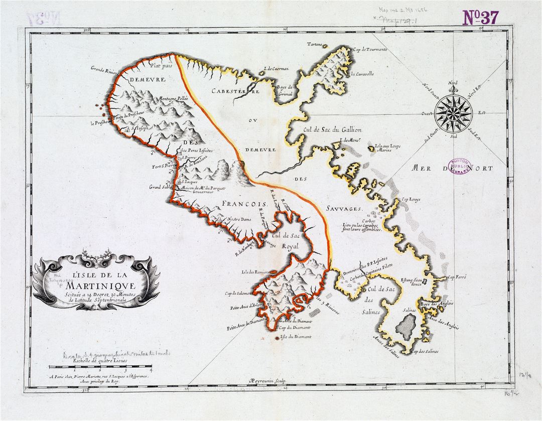 Большая старая карта Мартиники с рельефом и другими пометками