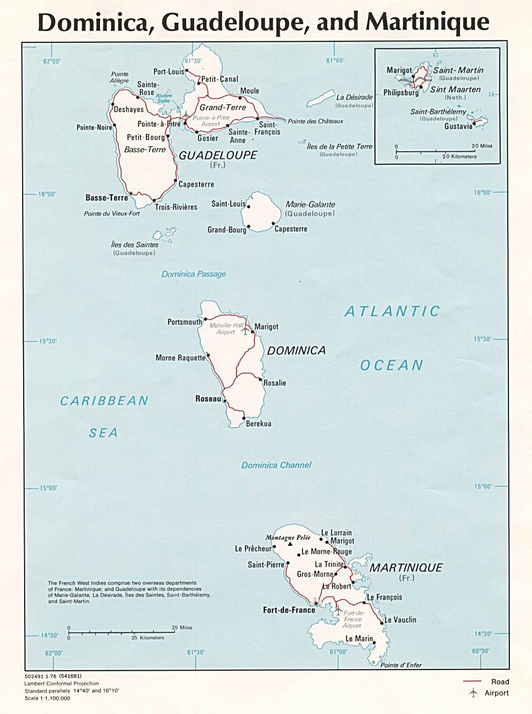 Большая политическая карта Доминики, Гваделупы и Мартиники с другими пометками - 1976