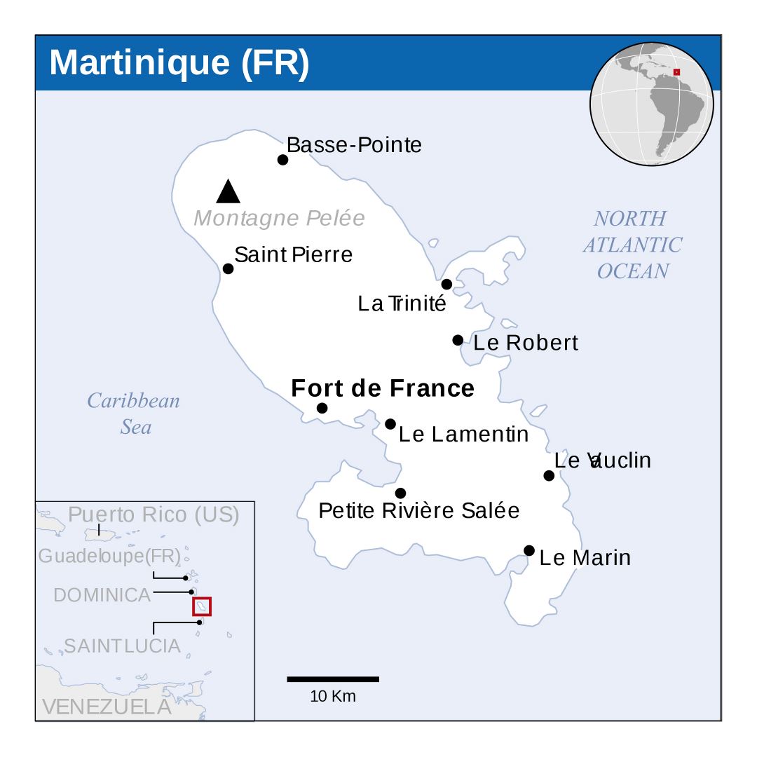 Большая политическая карта Мартиники с городами