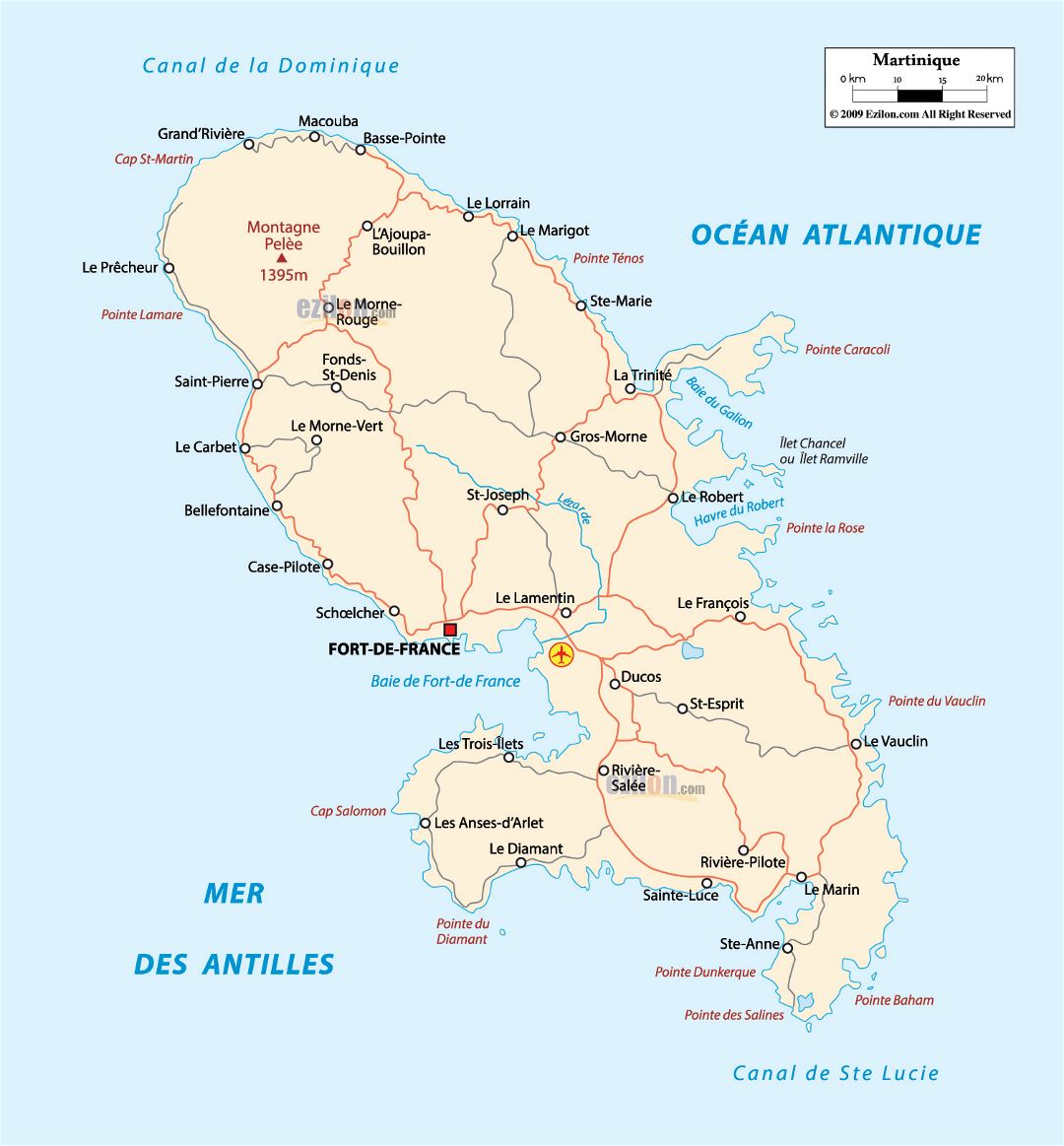 Большая карта дорог Мартиники с городами и аэропортом