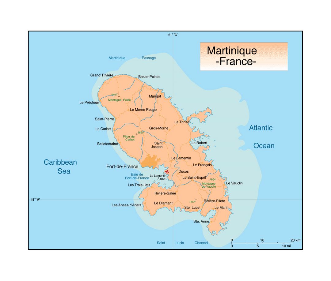 Политическая карта Мартиники с городами, дорогами и аэропортами