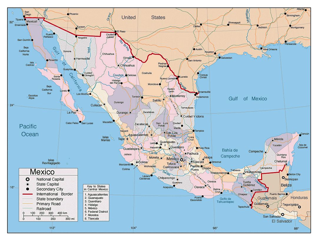 Подробная политическая и административная карта Мексики с другими пометками