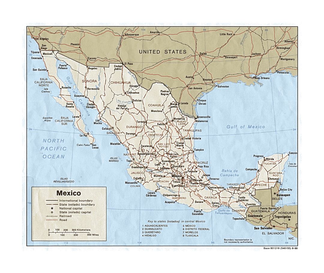 Детальная политическая и административная карта Мексики с дорогами, железными дорогами и крупными городами - 1988