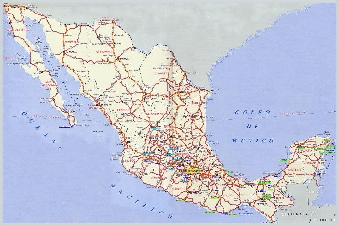 Большая детальная карта автомагистралей Мексики