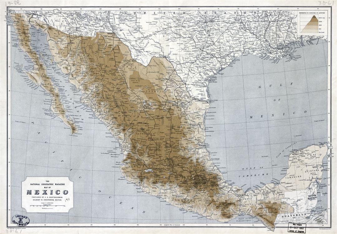 Большая детальная старая карта высот Мексики с железными дорогами и городами - 1911