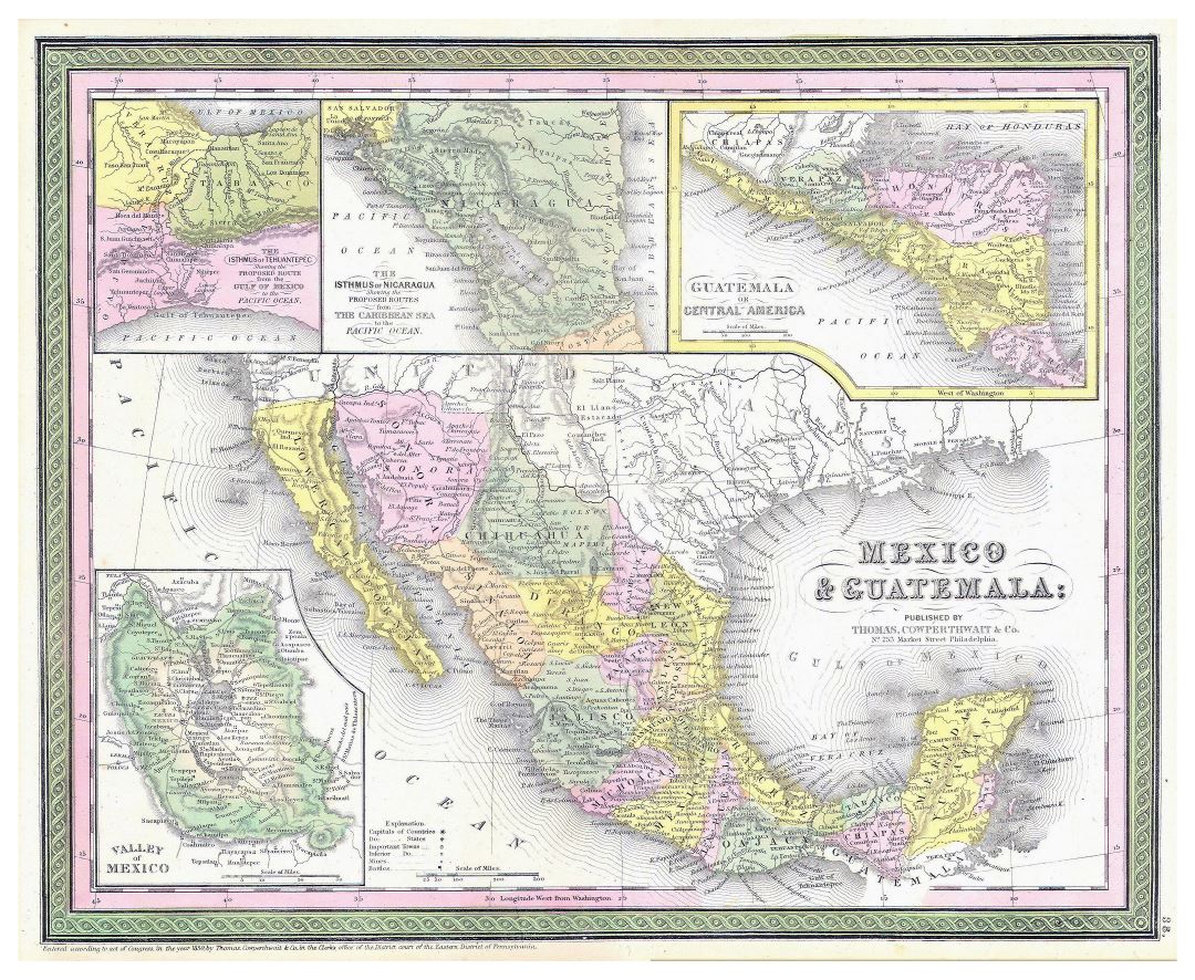 Большая подробная старая политическая и административная карта Мексики и Гватемалы с рельефом и другими пометками - 1850