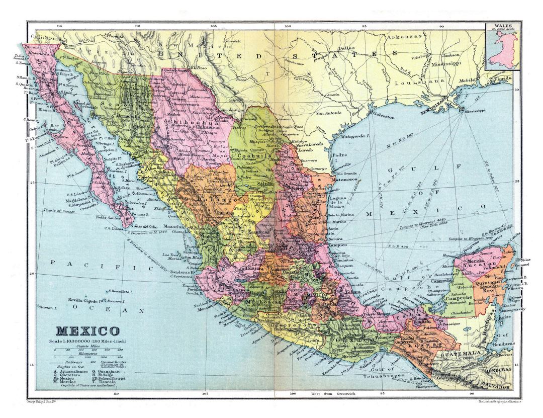 Большая детальная старая политическая и административная карта Мексики с рельефом и другими пометками - 1936