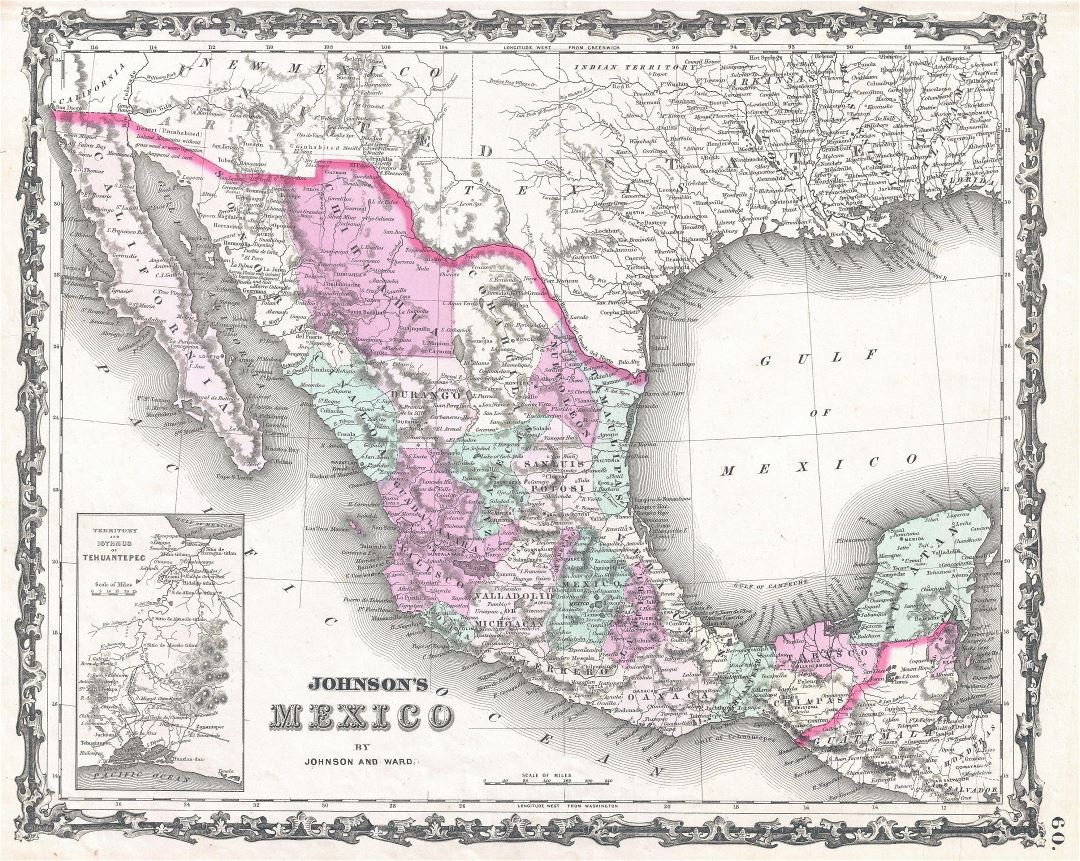 Большая детальная старая политическая и административная карта Мексики с рельефом, городами и другими пометками - 1862
