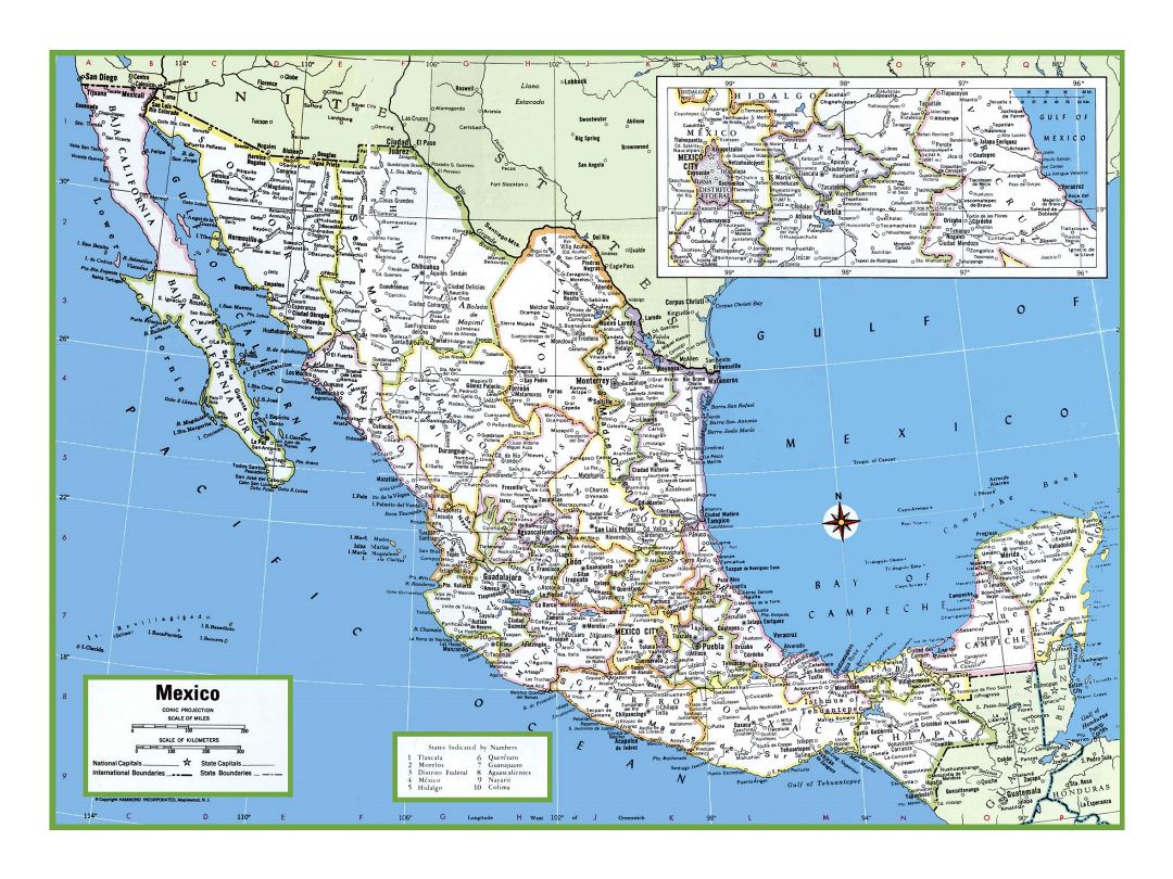 Большая детальная политическая и административная карта Мексики