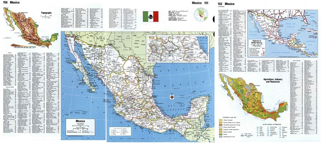 Большая детальная политическая и административная карта Мексики с городами