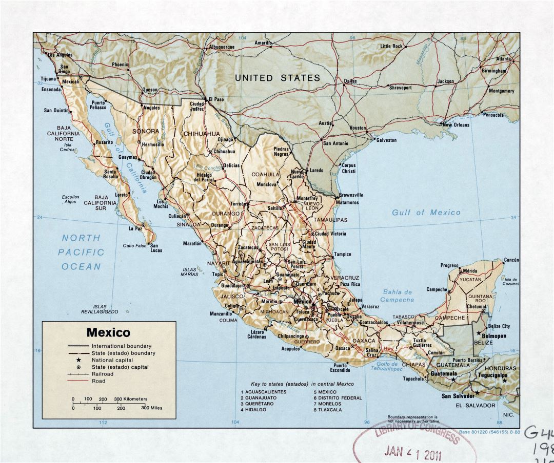 Большая детальная политическая и административная карта Мексики с рельефом, дорогами, железными дорогами и крупными городами - 1988