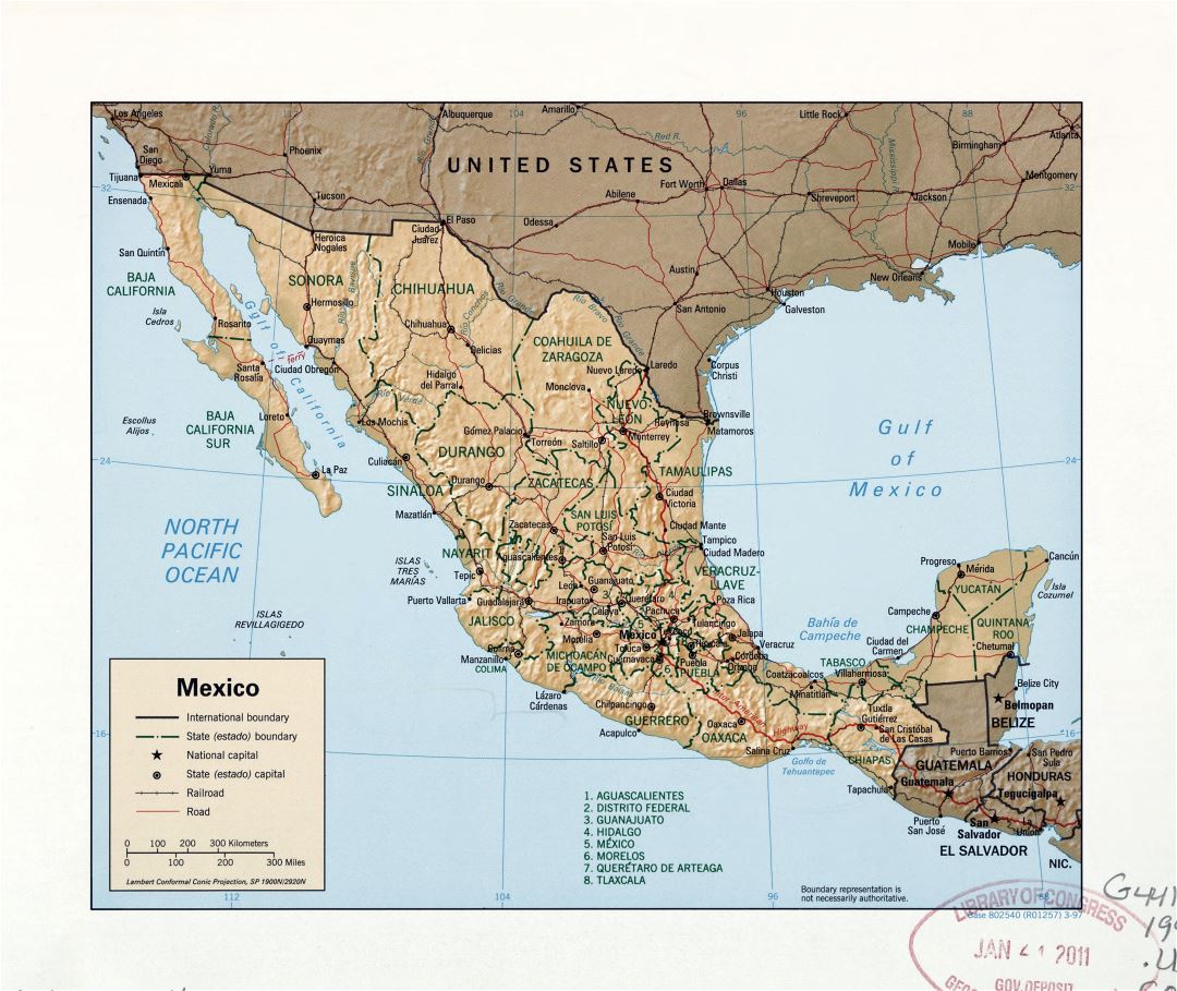Большая подробная политическая и административная карта Мексики с рельефом, дорогами, железными дорогами и крупными городами - 1997