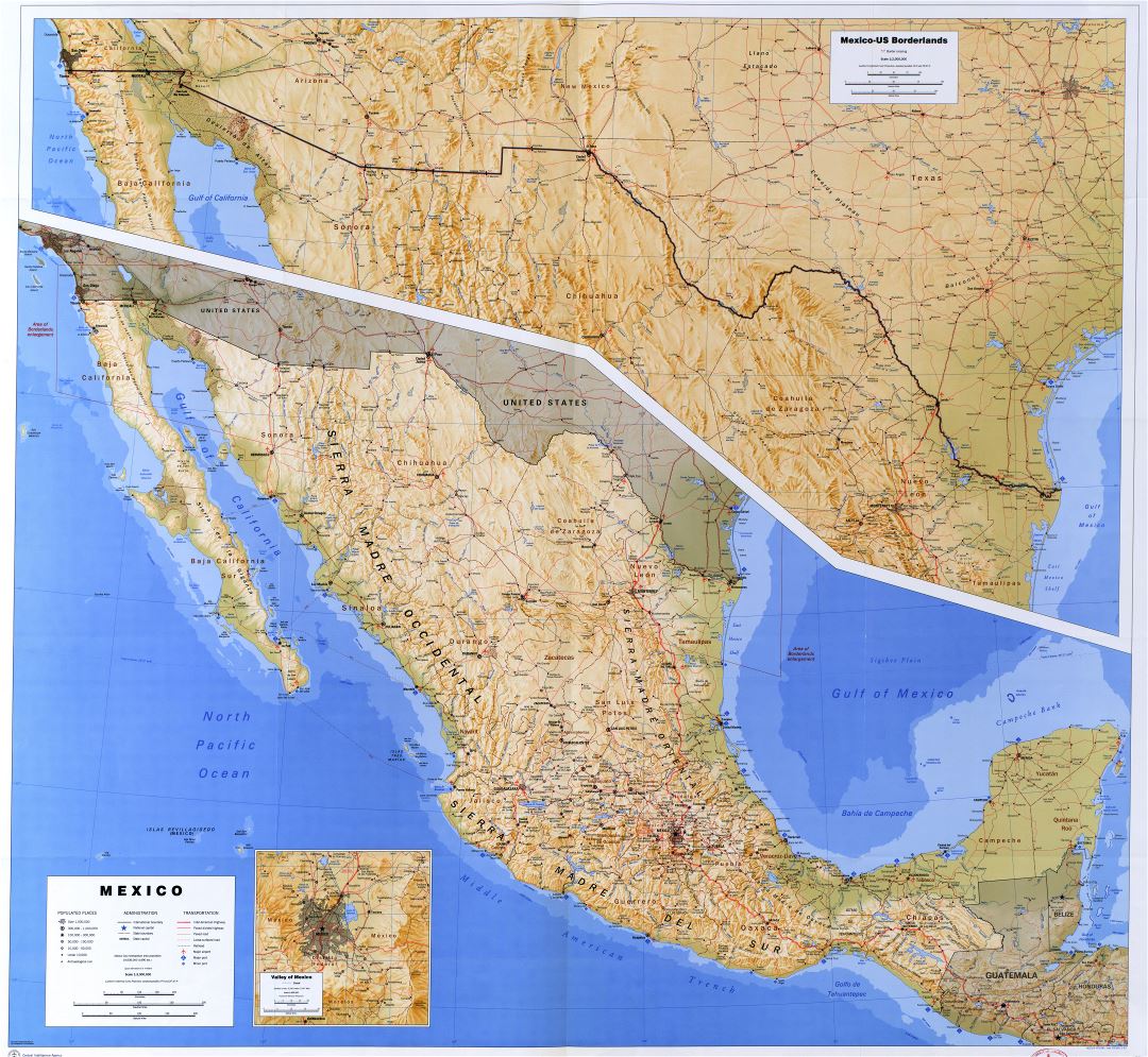 Большая детальная политическая и административная карта Мексики с рельефом, дорогами, железными дорогами, городами, портами и аэропортами - 1993