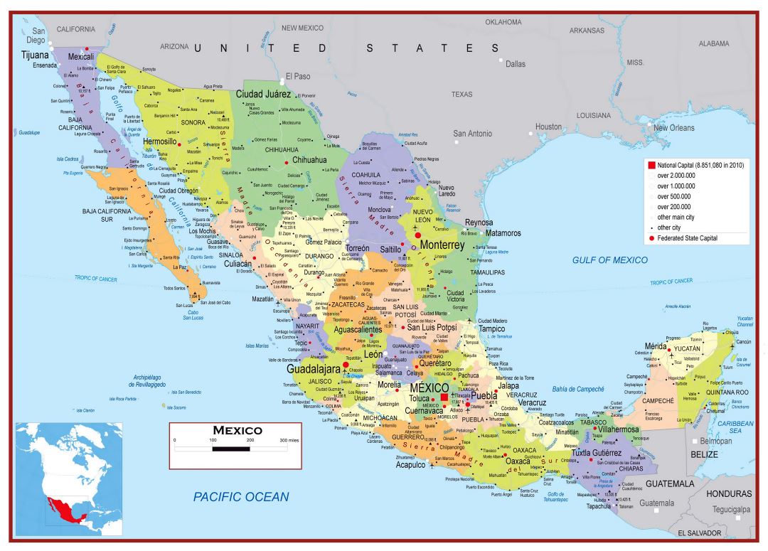 Большая подробная политическая и административная карта Мексики с дорогами, городами и аэропортами