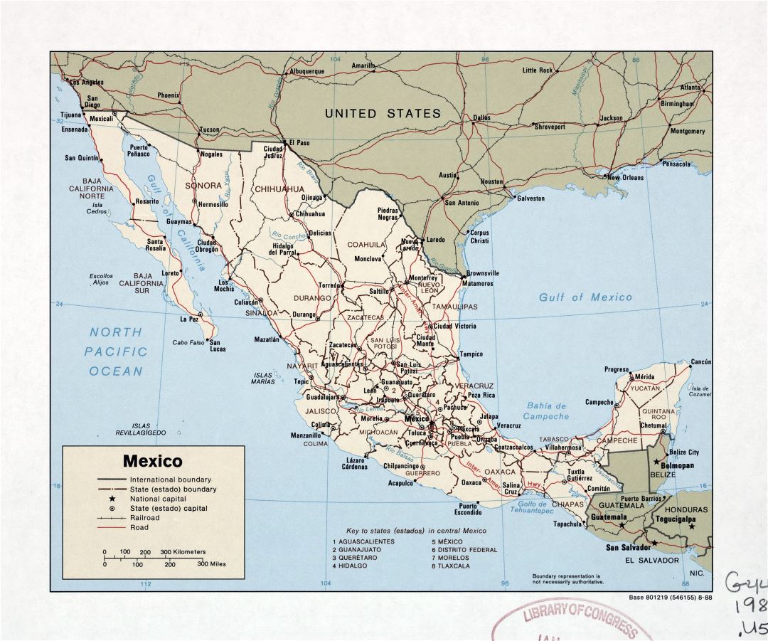 Большая детальная политическая и административная карта Мексики с дорогами, железными дорогами и крупными городами - 1988