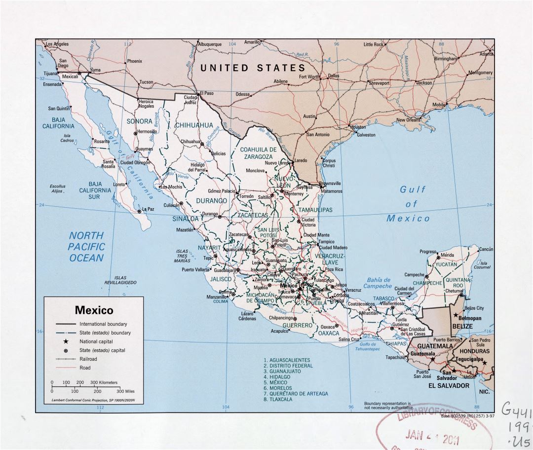 Большая подробная политическая и административная карта Мексики с дорогами, железными дорогами и крупными городами - 1997
