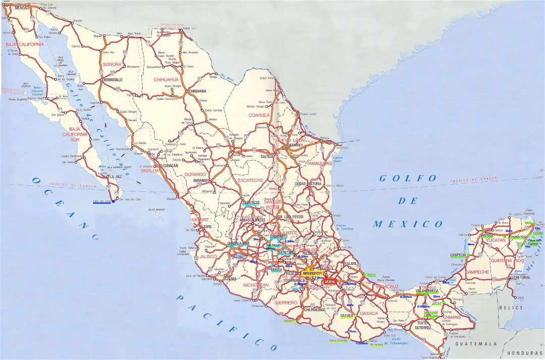 Большая детальная карта дорог и автомагистралей Мексики