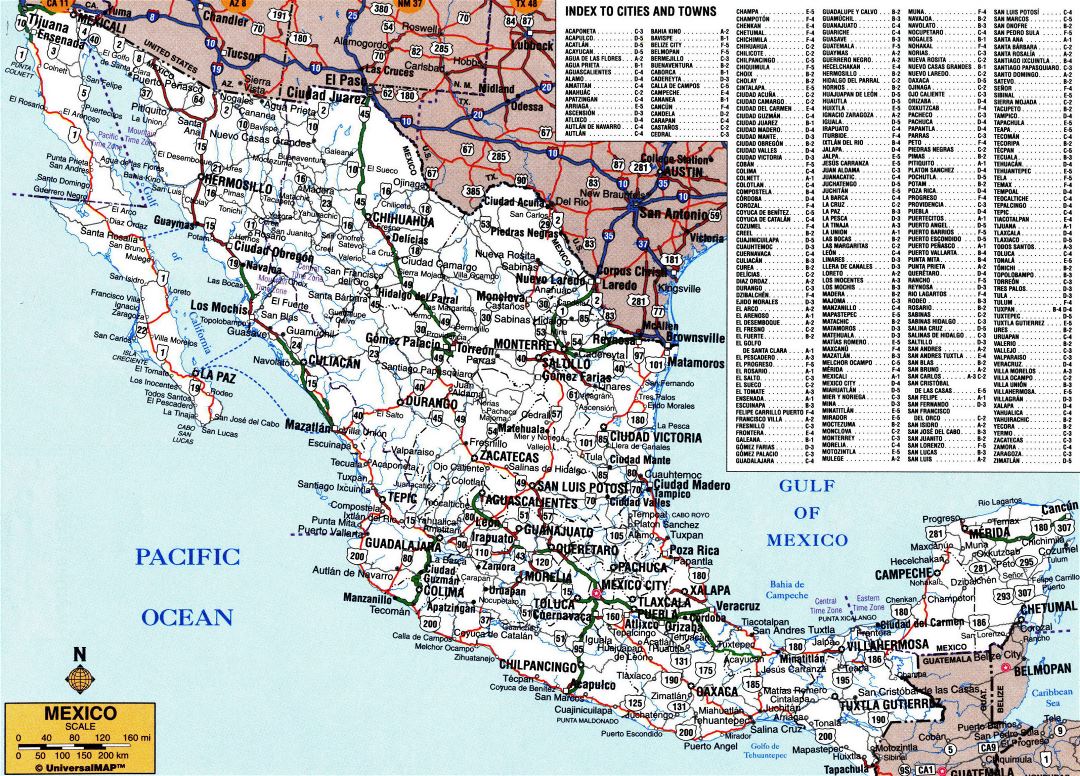 Большая подробная карта дорог и автомагистралей Мексики с административными делениями и городами