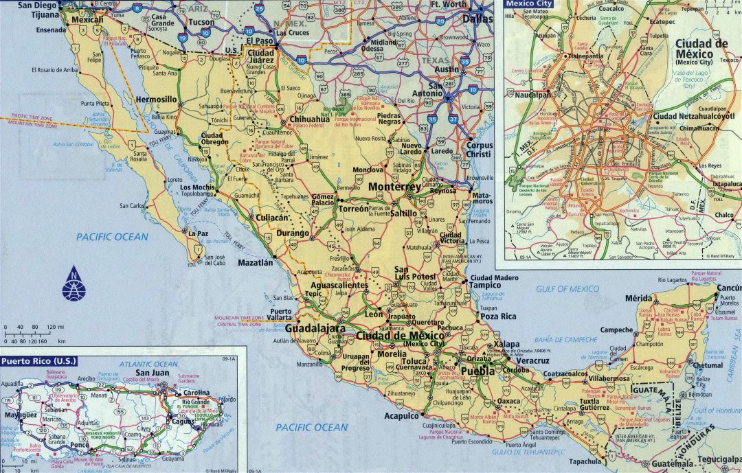 Большая детальная карта дорог и автомагистралей Мексики с городами