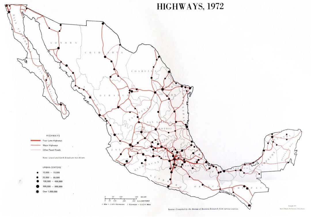 Большая карта автомагистралей Мексики - 1972