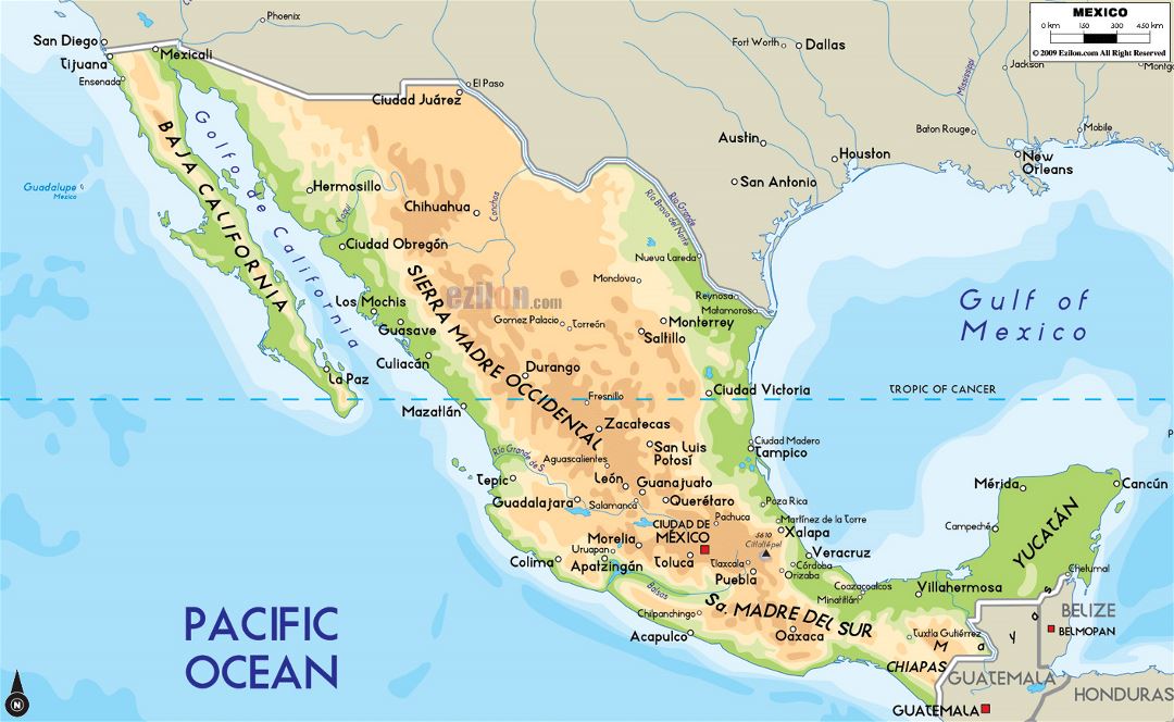Большая физическая карта Мексики с крупными городами