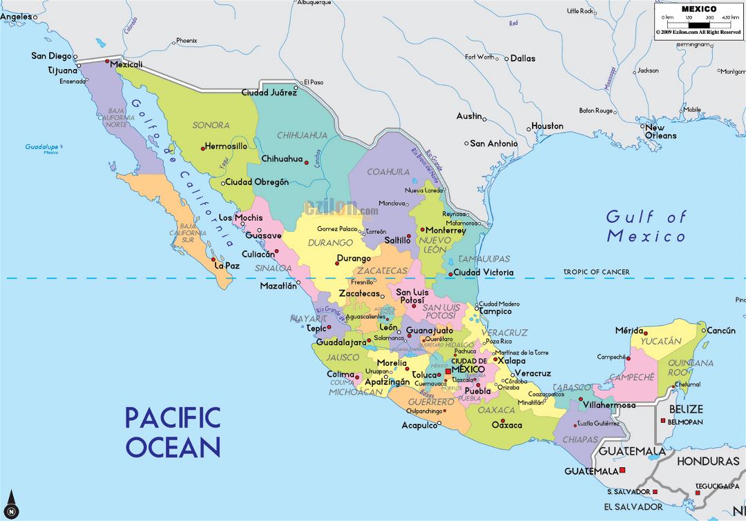 Большая политическая и административная карта Мексики с крупными городами