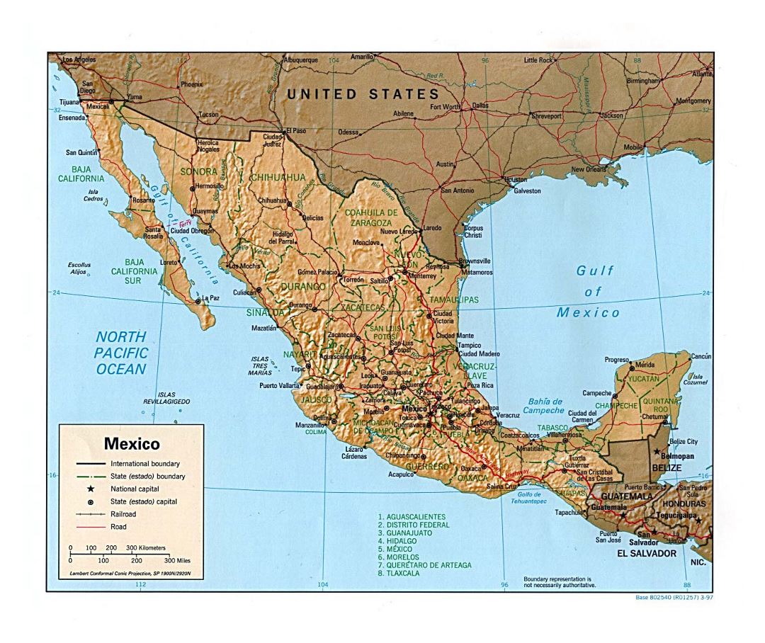 Большая политическая и административная карта Мексики с рельефом, дорогами, железными дорогами и крупными городами - 1997