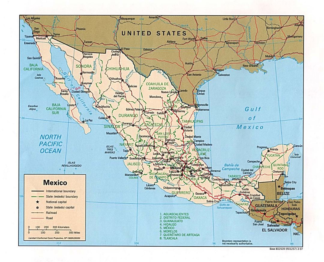 Большая политическая и административная карта Мексики с дорогами, железными дорогами и крупными городами - 1997