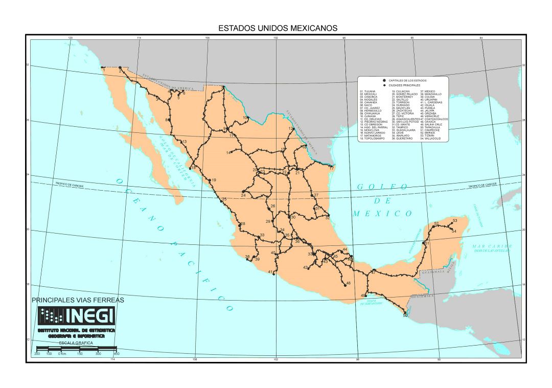 Большая карта железных дорог Мексики