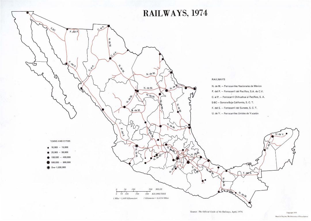 Большая карта железных дорог Мексики - 1974