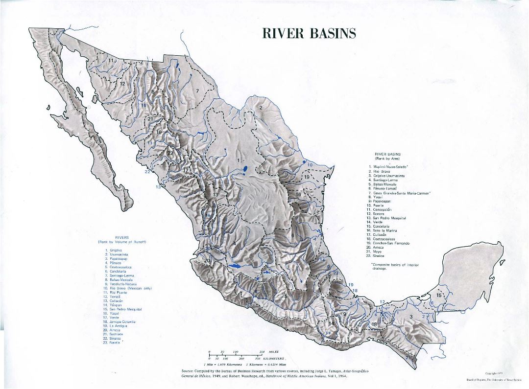 Большая карта речных бассейнов Мексики - 1975