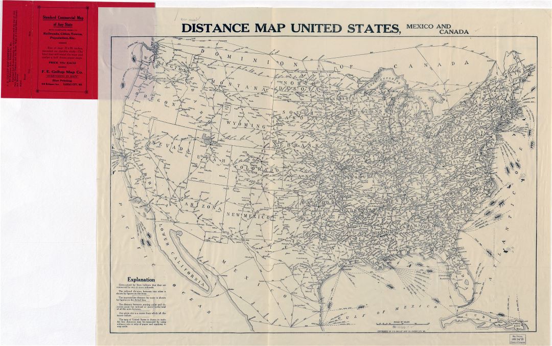 Крупномасштабная детальная старая карта расстояний США, Мексики и Канады - 1919