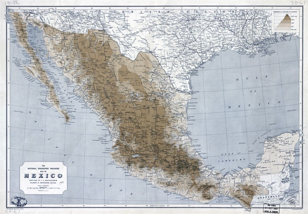 Крупномасштабная детальная старая карта высот Мексики с железными дорогами и городами - 1911