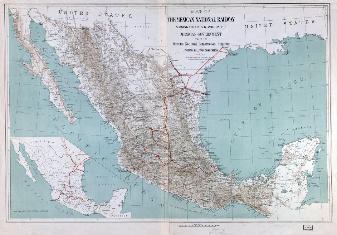 Крупномасштабная подробная старая карта Мексиканской национальной железной дороги - 1881