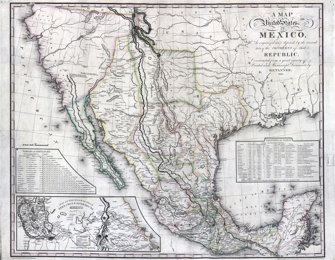 Большая детальная старая карта Соединенных Штатов Мексики с другими пометками- 1826