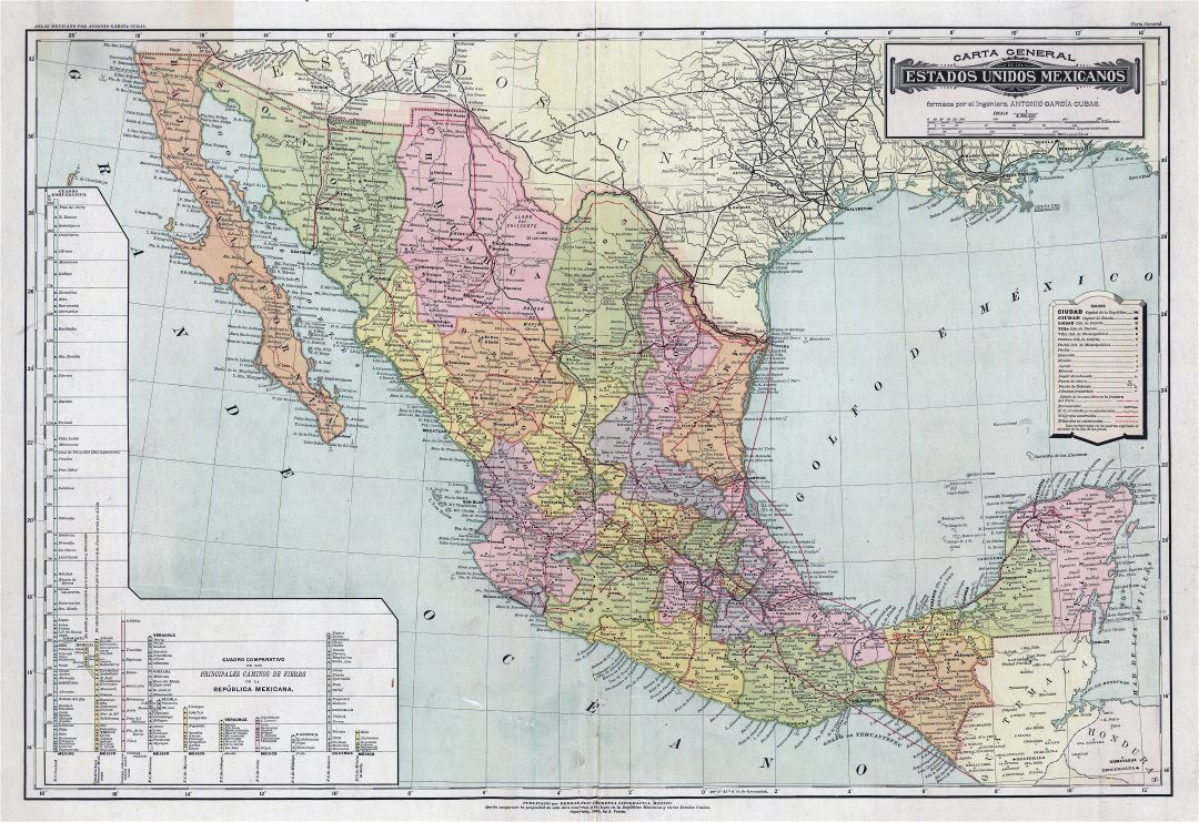 Крупномасштабная детальная старая политическая и административная карта Мексики с другими пометками - 1884