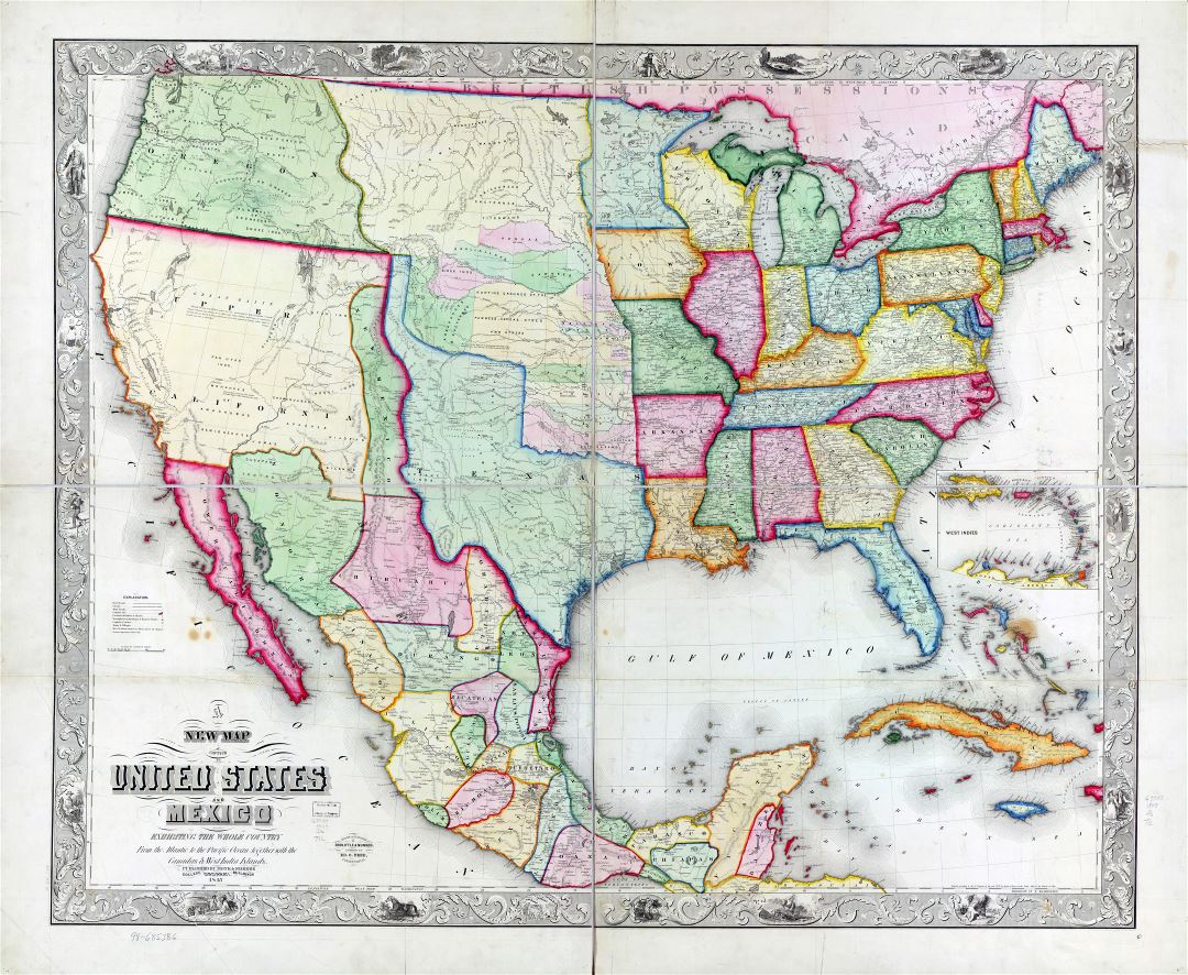 Крупномасштабная подробная старая политическая карта США и Мексики - 1847